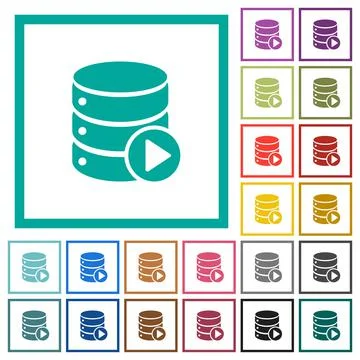 Database macro play flat color icons with quadrant frames Stock Illustration