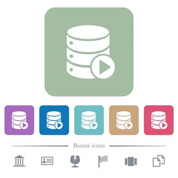Database macro play flat icons on color rounded square backgrounds Stockillustratie