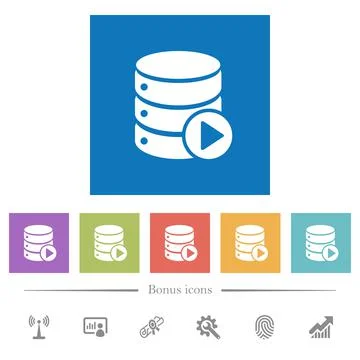 Database macro play flat white icons in square backgrounds 库存插图