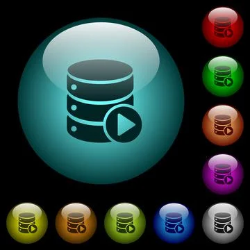 Database macro play icons in color illuminated glass buttons Stock Illustration