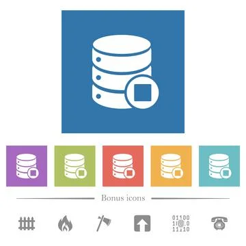 Database macro stop flat white icons in square backgrounds Illustrazione stock