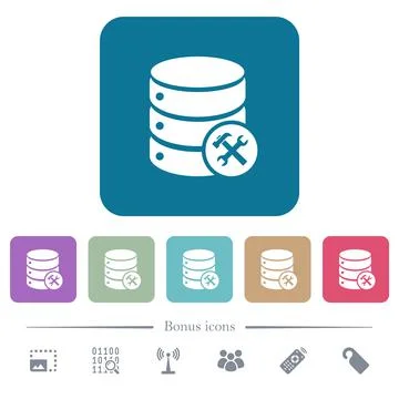 Database maintenance flat icons on color rounded square backgrounds Stock Illustration
