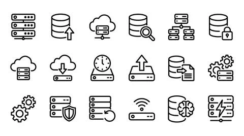 Database management and artificial intelligence server line icon set Stock Illustration