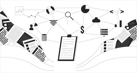 Database management black and white 2D illustration concept 스톡 일러스트