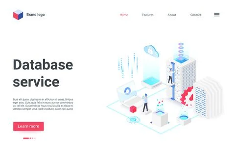 Database management service isometric landing page, work with hardware equipment Stock Illustration