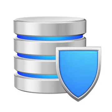 Database with metal blue shield data protection concept Illustrazione stock