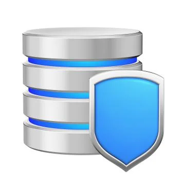 Database with metal blue shield data privacy concept Stock Illustration