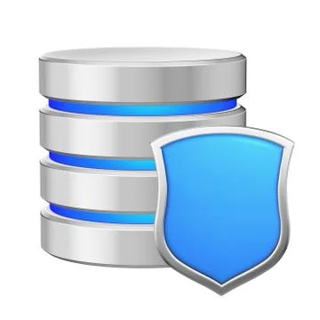Database with metal blue shield data protection concept. Illustrazione stock