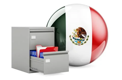 Database in Mexico, concept. Folders in filing cabinet with Mexican flag, 3D  Stock Illustration