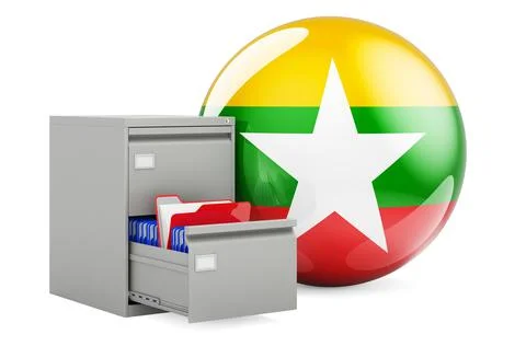 Database in Myanmar, concept. Folders in filing cabinet with Myanmar flag, 3D Stock Illustration