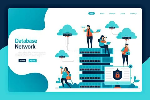 Database network landing page design. data network from cloud, server and hos Stock Illustration