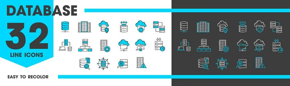 Database network server, cloud storage line icons Illustrazione stock