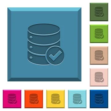 Database ok engraved icons on edged square buttons Stock Illustration