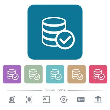 Database ok flat icons on color rounded square backgrounds Stockillustratie