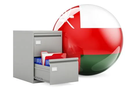 Database in Oman, concept. Folders in filing cabinet with Omani flag, 3D rend Stock Illustration