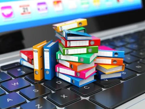 Database or archive concept. Data storage. Laptop and file cabinet with ri... Foto stock