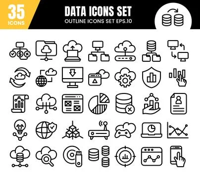 Database outline icons set.Data analysis, statistics, analytics web signs. Illustrazione stock