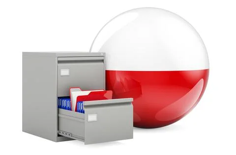 Database in Poland, concept. Folders in filing cabinet with Polish flag, 3D r Stock Illustration