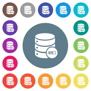 Database processing flat white icons on round color backgrounds Stockillustratie