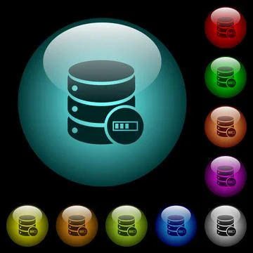 Database processing icons in color illuminated glass buttons Stock Illustration