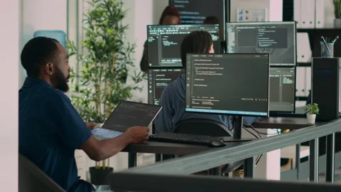 Database programer working on html script code to develop program app server Stock Footage 231449442