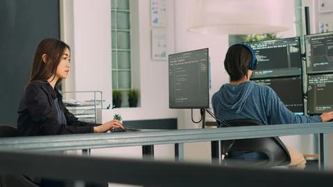 Database programer writing source code with coding language in it development 写真素材