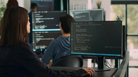 Database programer writing source code on terminal window with html script Stock Photos