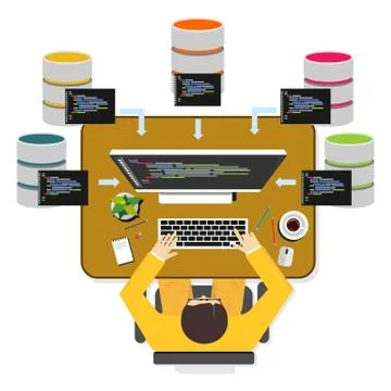 Database programmer or database administrator working concept. Illustrazione stock