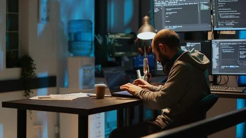 Database programmer typing server code on multiple screens Stock Photos