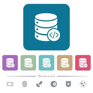 Database programming flat icons on color rounded square backgrounds Stockillustratie