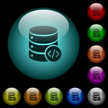 Database programming icons in color illuminated glass buttons Stock Illustration