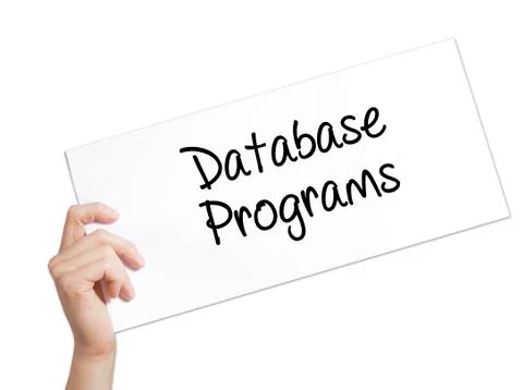 Database Programs Sign on white paper. Man Hand Holding Paper with text. Isol Foto stock