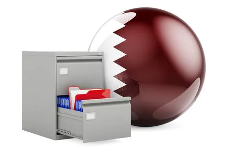 Database in Qatar, concept. Folders in filing cabinet with Qatari flag, 3D re Stock Illustration