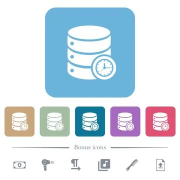 Database query time flat icons on color rounded square backgrounds 库存插图