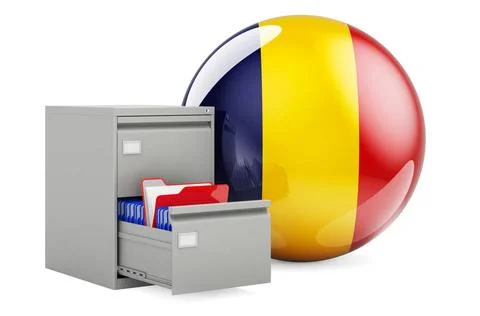Database in Romania, concept. Folders in filing cabinet with Romanian flag... Foto stock