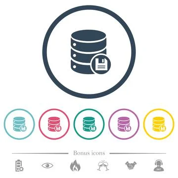 Database save flat color icons in round outlines Stock Illustration