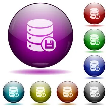 Database save icon in glass sphere buttons Stock Illustration
