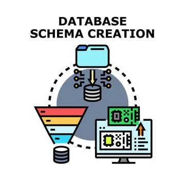 Database schema creation process and data management Illustrazione stock