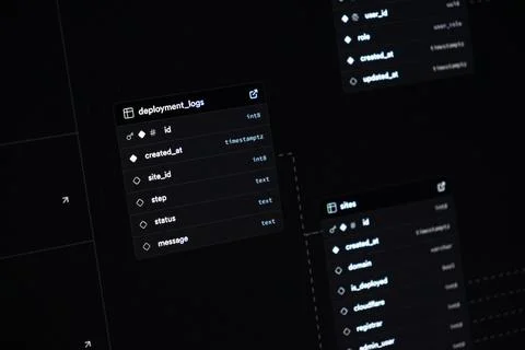 A database schema diagram displayed on a dark computer monitor, representing 库存照片
