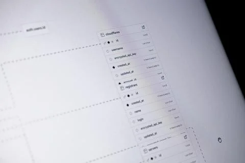 Database schema diagram showing table relationships on a monitor screen to Stock Photos