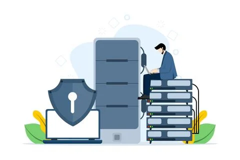 Database security concept, data center, programming, engineer, technology. Stock Illustration