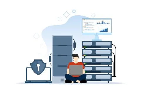 Database security concept, data center, programming, engineer, technology. Stock Illustration