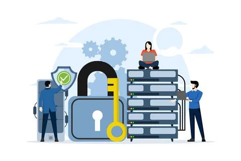 Database security concept, data center, programming, engineer, technology. Stock Illustration