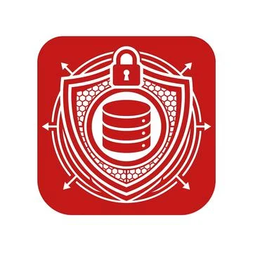 Database security shield with lock, protected by radiating arrows. Illustrazione stock