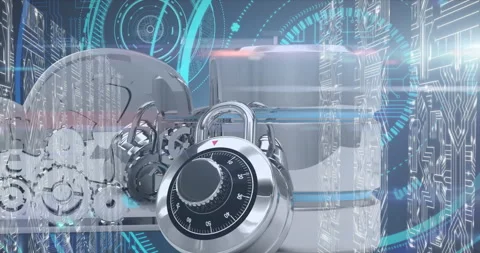 Database server and microprocessor connections against neon round scanner on Vídeo Stock 155435642