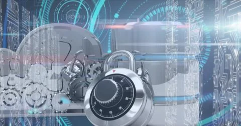 Database server and microprocessor connections against neon round scanner on Foto stock