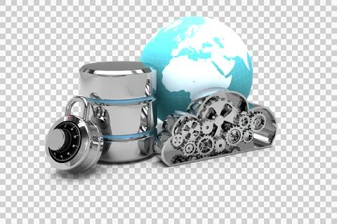 Database server icon with combination lock and metallic cloud Stockillustratie