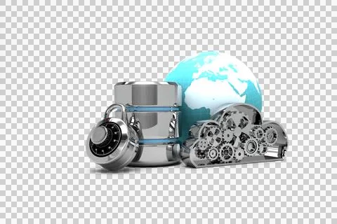 Database server icon with combination lock and metal cloud Stock Photos