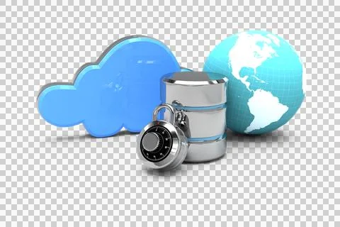 Database server icon with combination lock and globe Stock Photos