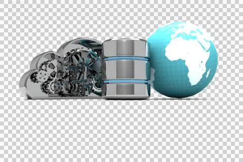 Database server icon with mechanical cloud and earth Stock Illustration